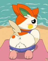 4:5 anus artist_logo ass balls bikini_down blush clothed clothing crossdressing feral fur furry generation_9_pokemon genitals hi_res logo looking_at_viewer looking_back looking_back_at_viewer male male_feral nintendo nise_pawmo orange_body orange_fur pawmo pichu90 pokemon pokemon_(species) solo white_body white_fur