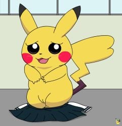 2025 artist_logo bottomwear bottomwear_down cleft_tail clothing clothing_on_floor eyelashes female female_feral feral fur generation_1_pokemon genitals logo nintendo nude pichu90 pikachu pokemon pokemon_(species) school_uniform skirt_down solo tail undressed uniform vulva yellow_body yellow_fur