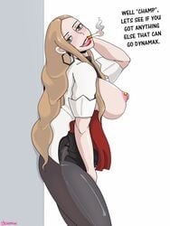 1girls areolae big_breasts blonde_hair breasts cigarette clothing english_text female female_only green_eyes hair human human_only large_breasts long_hair nintendo nipple_piercing nipples oleana_(pokemon) piercing pokemon pokemon_ss smoking solo steveman text video_games