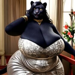 ai ai_generated anthro belly big_belly big_breasts black_fur breasts chubby chubby_female dress felid feline female female_only jaguar looking_at_viewer mommy nipples overweight overweight_female slightly_chubby slightly_chubby_female thepyromancerfox voluptuous voluptuous_female