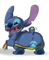 alien anthro anus ass balls bent_over big_butt blue_body blue_fur blush digital_media_(artwork) disney experiment_(lilo_and_stitch) fur genitals hi_res lgbt_pride lgbt_pride_month lilo_and_stitch macro710 male notched_ear open_mouth presenting presenting_hindquarters pride_color_flag rear_view simple_background solo stitch_(lilo_and_stitch) teeth thatweirdguy tongue