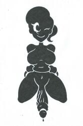 1980s_(style) black_and_white flashing flashing_at_viewer flashing_penis full_body futa futa_only futanari game_and_watch katerina_angela lcd looking_at_viewer monochrome ms._game_and_watch oil oil_panic_(g&w) penis ponytail precum precum_drip retro_artstyle smile smiling smiling_at_viewer video_game wink winking_at_viewer