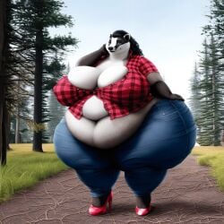 ai ai_generated anthro badger belly big_belly big_breasts breasts chubby chubby_female clothing female forest looking_at_viewer mommy nipples overweight overweight_female pants thepyromancerfox