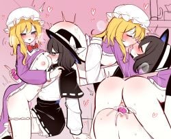 2girls absurdres arms_around_waist ass black_hair black_hat black_skirt blonde_hair blush breast_sucking breasts brown_eyes closed_eyes dildo double_dildo dress french_kiss frilled_dress frills hat hat_ribbon heart highres kissing long_hair long_sleeves maribel_hearn medium_breasts mob_cap multiple_girls nipples open_clothes open_mouth purple_dress purple_eyes pussy_juice ribbon saliva sex_toy shared_object_insertion shen_bi_ren_(user_rjgy2824) shirt short_hair sidelocks skirt sweat thigh_strap touhou usami_renko variant_set vibrator white_hat white_ribbon white_shirt yuri