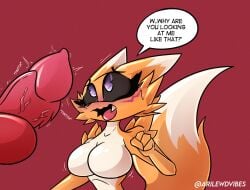 arizone arm_tuft bandai_namco black_sclera blush blush_lines bodily_fluids breasts digimon digimon_(species) digital_drawing_(artwork) digital_media_(artwork) disembodied_penis female fist fur genitals hi_res male open_mouth penis renamon shoulder_tuft simple_background speech_bubble sweat sweatdrop throbbing throbbing_penis tuft yellow_body yellow_fur