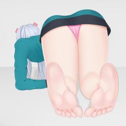 2d 2d_(artwork) all_fours ass bare_legs barefoot chikora_(artist) eromanga_sensei faceless_female feet female foot_fetish foot_focus from_behind green_clothing grey_hair hair_ornament izumi_sagiri jacket on_all_fours panties pink_panties plain_background soles solo toes upskirt