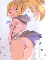 1girls ass ass_focus blonde_hair blush bow_panties braid clothes_lift creatures_(company) cute embarrassed female female_only game_freak green_eyes lillie_(pokemon) long_hair miniskirt nintendo panties panty_pull pantyshot pokemon pokemon_(anime) pokemon_(game) pokemon_sm pokemon_trainer pokemon_usm ponytail shirt short_sleeves simple_background skirt skirt_lift skirt_up solo tears underwear upskirt white_panties white_shirt white_skirt wink
