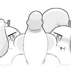 2025 balls black_and_white collaborative collaborative_sex digital_drawing_(artwork) digital_media_(artwork) disembodied_penis dithering duo elemental_creature female flora_fauna food food_creature foreskin fruit fu_(slem) genitals glans leaf leaf_hair living_fruit male monochrome open_mouth orange_(fruit) penis plant plant_hair pseudo_hair shu_(slem) slem uncircumcised