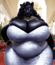 ai ai_generated anthro belly big_belly big_breasts black_fur breasts chubby chubby_female dress felid feline female female_only jaguar looking_at_viewer mommy nipples overweight overweight_female slightly_chubby slightly_chubby_female thepyromancerfox