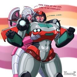 2girls abs aileron_(transformers) arcee big_breasts blush blush canon_couple embarrassed flirting fondle fondling fondling_breast fondling_breasts lesbian_couple lesbian_flag lesbian_pride_colors pride_colors pride_flag pride_month robot robot_girl tfmaster96 thick_thighs thighs transformers transformers_idw yuri yuri