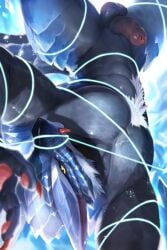 anthro balls black_sclera blue_body body_hair chest_hair dragon erection genitals grey_body hi_res humanoid_genitalia humanoid_penis looking_at_viewer male male_anthro mouth_closed muscular muscular_anthro muscular_male mythological_creature mythological_scalie mythology nude penis red_tongue scalie solo t.y.stars tongue tongue_out yellow_eyes