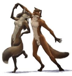 4_toes 5_fingers animal_genitalia anthro anthro_on_anthro balls black_nose breasts brown_hair canid canine dancing duo eye_contact feet female fingers fox fur genitals hair hand_holding hindpaw humanoid_hands looking_at_another male male/female mammal multicolored_body multicolored_fur navel nipples nude nude_anthro nude_female nude_male paws penis pubes pussy red_body red_fur sheath slate smile smiling_at_another smiling_at_partner tail toes two_tone_body two_tone_fur vulva white_body white_breasts white_fur