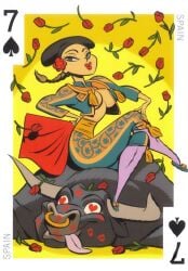1girls 54_international_cuties bill_presing boob_window braided_ponytail breasts breasts_exposed bull bullfighter bullfighting female flower_in_hair heart_eyes holding_object humor inner_sideboob kiss_mark lipstick_mark matador muleta national_personification no_nipples nose_piercing nose_ring pinup playing_card red_cape red_cloth red_lipstick roses sitting_on_animal spain tongue_out underboob