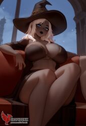 1girls 2d ai_generated ass barefeet big_ass black_body black_lips black_skin breasts dark-skinned_female dress elden_ring_nightreign erophoenix fantasy feet female female_focus full_body huge_breasts long_hair looking_at_viewer patreon_username recluse_(nightreign) solo solo_female sweat thick thick_thighs toes uncensored white_hair witch_hat