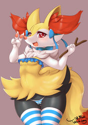 1girls 4_fingers anthro armpits belly big_ears big_eyes bikini black_fur blue_bikini blue_thighhighs blush bodily_fluids braixen breasts cameltoe canine cheek_tuft clothed clothing eye_contact female fingers fox genital_fluids hi_res holding holding_object inner_ear_fluff legwear looking_at_viewer nintendo open_mouth orange_fur panties pawpads pokémon_(species) pokemon pokemon_(species) pokemon_xy pussy_juice red_eyes revealing_clothes ribbon ribbons small_breasts smile solo standing stick stockings striped_bikini striped_thighhighs tail teeth text thick_thighs thighhighs tongue tuft underboob underwear video_games watermark wet white_fur wide_hips wolflong yellow_fur