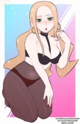 1girls blonde_hair bra breasts clothing earrings erohoney female female_only green_eyes hair human human_only lilithn long_hair nintendo oleana_(pokemon) pokemon pokemon_ss see-through solo video_games