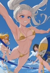 100wang 3girls beach beach_ball bikini bikini_bottom bikini_top black_hair black_hair_female blonde_female blonde_hair blue_eyes golden_bikini long_hair long_hair_female purple_eyes red_highlights ruby_rose rwby scar_across_eye silver_eyes volleyball weiss_schnee white_hair white_hair_female yang_xiao_long