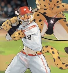anal anal_sex anthro baseball_bat baseball_cap baseball_uniform bat_(object) black_spots blush bulge cheetah clothed clothed_male clothing detailed_bulge dr.kiyo felid feline fur genital_outline hat headgear headwear hi_res kemono male male_penetrated mammal markings penetration penis_outline solo sportswear spots spotted_body spotted_fur spotted_markings spotted_tail tail tail_markings tentacle tentacle_in_ass tentacle_penetration underwear uniform yellow_body yellow_fur