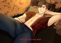 1boy abs arms_behind_back bed bedroom black_eyes brown_hair bulge flannel flannel_shirt gay hand_on_hip jeans male male_focus male_only nexophyte open_clothes open_shirt roblox solo solo_focus solo_male the_butchery william_(the_butchery) yaoi