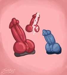 anatomically_correct anatomically_correct_genitalia animal_genitalia blue_knot bodily_fluids canid canine canine_genitalia cum cum_drip dripping feral genital_fluids genitals group knot knotted_penis male mammal penis red_knot sheath trio