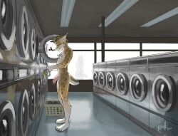2022 anthro appliance background_character balls basket brown_hair casual_nudity chest_tuft claws clothes_basket clothing container duo ear_tuft felid feline foreskin fur genital_piercing genitals hair half-erect hi_res holding_clothing holding_object holding_underwear humanoid_genitalia humanoid_penis inside laundromat laundry_machine looking_at_object male mammal nipples penis penis_piercing piercing prince_albert_piercing public public_nudity russell_allen short_tail solo_focus spots standing surprised tail tan_body tan_fur toe_claws tuft uncircumcised underwear washing_machine white_body white_fur window yellow_eyes