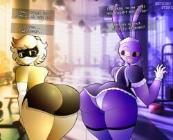 2boys ass big_ass big_butt black_eyes blush blush_lines bunny bunny_ears butt crossover fat_ass fat_butt femboy fully_clothed glitch_productions huge_ass huge_butt jax_(the_amazing_digital_circus) looking_back maid maid_headdress maid_jax_(the_amazing_digital_circus) maid_outfit maid_uniform male male_only murder_drones n_(murder_drones) purple_fur rabbit robot samkvevo text text_box the_amazing_digital_circus thick_ass thick_butt white_hair yellow_eyes