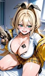 1girls ai_generated blonde_hair goddess_of_victory:_nikke green_eyes gyaru large_breasts leopard_print pleated_skirt qos qos_tattoo queen_of_spades rupee_(nikke) seductive_smile solo spade_tattoo thick_thighs white_shirt wide_hips