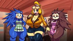 animal_crossing anthro apron big_breasts blush bottomless breasts canid canine canis clothed clothing domestic_dog eulipotyphlan fabianoferreira female freckles fur group hair hedgehog huge_breasts isabelle_(animal_crossing) mabel_able mammal naked_apron nintendo nipple_outline open_mouth pussy sable_able shih_tzu smile standing thick_thighs toto_draw toy_dog video_games voluptuous waifu_crossing_(toto) wide_hips yellow_fur