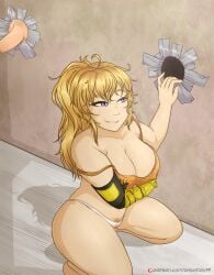 1girls blonde_female blonde_hair glory_hole half-dressed half_naked half_naked_female long_hair long_hair_female onionfairy99 ponytail purple_eyes robotic_arm rwby solo_female yang_xiao_long