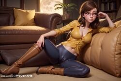 1girls adjusting_eyewear ai_generated artist_name black-framed_eyewear black_pants book bookshelf boots breasts brown_eyes brown_footwear brown_hair buttons cameltoe cleavage closed_mouth collarbone collared_shirt couch cushion disney fingernails full_body glasses hand_on_own_knee hand_up hi_res high_heel_boots indoors inside_out inside_out_2 jill_andersen knee_boots large_breasts lips long_hair long_sleeves looking_at_viewer medium_breasts medium_hair midriff midriff_peek navel nose on_couch pants parted_bangs partially_unbuttoned patreon_username pillow pink_lips pixar plant potted_plant progenarts red-framed_eyewear semi-rimless_eyewear shiny_clothes shirt sitting sleeves_past_elbows sleeves_rolled_up smile solo spread_legs stomach tight_clothes tight_pants under-rim_eyewear watermark web_address window wooden_floor yellow_shirt