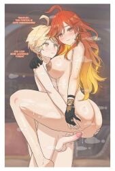 1boy absurdres aether_(genshin_impact) ahoge black_gloves blonde_hair blush border breasts closed_mouth commentary dark_nipples earrings english_commentary english_text erection female genshin_impact gloves grabbing_another's_ass gradient_hair groping hand_on_another's_shoulder highres jewelry large_breasts long_hair mavuika_(genshin_impact) multicolored_hair nipples nude orange_eyes orange_hair paid_reward_available penis straight sweat uncensored upright_straddle valenthania white_border yellow_eyes