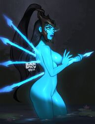1girls at athletic background barely black blue blushypixy blushyspicy breasts completely covering crotch dark eyes female focus from genitalia glowing hair headdress hips holding impaled javelin kalista league_of_legends lily lips long looking medium naked nude nudity only ornament out outdoor outdoors pad partially ponytail pussy self shaved_pussy side sideboob skin solo spear standing submerged thick thighs toned view viewer visible water weapon wet wide