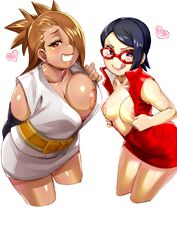 2girls akimichi_chouchou areolae big_breasts boruto:_naruto_next_generations breasts female female_only glasses high_resolution highres huge_breasts konakona long_hair multiple_girls naruto nipple_piercing nipples sarada_uchiha short_hair shounen_jump tagme