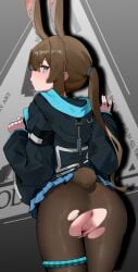 @_@ absurdres amiya_(arknights) animal_ears anus aqua_eyes arknights ass black_jacket blue_skirt blush brown_hair brown_pantyhose cleft_of_venus commentary_request cowboy_shot female from_behind hei_tudou highres hood hood_down hooded_jacket infection_monitor_(arknights) jacket jewelry long_hair long_sleeves looking_at_viewer looking_back miniskirt multiple_rings open_mouth pantyhose pleated_skirt ponytail puffy_long_sleeves puffy_sleeves pussy rabbit_ears rabbit_girl rabbit_tail ring skirt solo tail torn_clothes torn_pantyhose