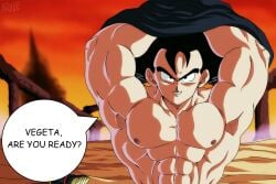 abs armpits biceps black_hair bodybuilder chest dragon_ball dragon_ball_super dragon_ball_z goku looking_at_viewer male male_focus male_only muscles muscular muscular_arms muscular_male nipples pecs smile son_goku text undressed undressing