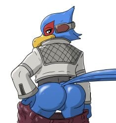 anthro ass avian balls beak bird blue_body blue_feathers bottomwear bottomwear_down bubble_butt clothed clothing digital_media_(artwork) falco_lombardi falcon falconid feathers genitals hi_res jacket looking_at_viewer looking_back looking_back_at_viewer macro710 male mooning nintendo pants pants_down partially_clothed rear_view simple_background smile solo star_fox thatweirdguy topwear