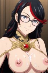 1girls ai ai_generated anime_style bayonetta_(character) bayonetta_3 black_hair breasts cum cum_on_breasts cum_on_face female female_focus female_only glasses golden_accessories grey_eyes long_hair looking_at_viewer mole mole_under_mouth nintendo nipple_piercings nipples pierced_nipples platinum_games quinzo11 self_upload smile smiling