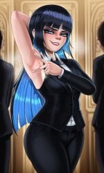 2025 ado_(music-artist) ado_(utaite) ai_generated armpits arms_up black_clothing black_hair chando_(ado) shadman_(style) shadman_homage smug smug_expression smug_eyes smug_face smug_smile steam vampiregurl