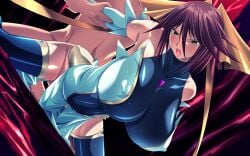 1boy aoi_nagisa_(metalder) arm_held_back bare_shoulders bent_over blue_leotard blue_thighhighs blush breasts brown_hair clothed_female_nude_male clothed_sex covered_navel covered_nipples detached_sleeves doggy_style dress elbow_gloves female gloves green_eyes hair_ribbon hanging_breasts highres huge_breasts impossible_clothes kagano_megu leotard mahou_shoujo_ai non-web_source nude open_mouth ribbon saliva sex sex_from_behind shiny_clothes short_hair skin_tight solo_focus spread_legs straight sweat tears thighhighs thighs vaginal_penetration
