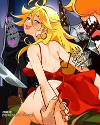 2boys alexander_anderson ass blonde_hair blurry blurry_background breasts brief_(psg) clothed_sex commentary crossover dress earrings english_commentary english_text female from_behind gloves green_pants heart hellsing highres holding holding_knife hoop_earrings indoors jewelry knife long_hair long_sleeves looking_at_viewer looking_back medium_breasts multiple_boys open_mouth orange_hair pants panty_&_stocking_with_garterbelt panty_(psg) patreon_username red_dress shoulder_blades sleeveless sleeveless_dress snegovski standing strap_slip sweat tongue tongue_out very_long_hair white_gloves