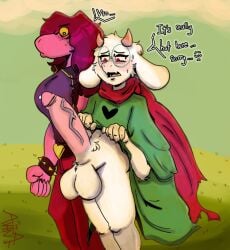 anthro balls bedroom_eyes big_balls big_penis blush bodily_fluids bovid caprine clothed clothing deltarune digital_media_(artwork) dinosaur duo female fur genital_fluids genitals goat hi_res horn humanoid male male/female mammal naffers narrowed_eyes nude penis prehistoric_species ralsei reptile scalie seductive shocked shy simple_background susie_(deltarune) sweat text undertale_(series) vein veiny_penis white_body white_fur