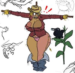 angry anthro assisted_exposure bare_thighs big_breasts cleavage curvy exposed female hat inanimate panties pants_down pink_panties prurientpie scarecrow straw tagme thick_thighs wardrobe_malfunction wide_hips