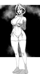 big_breasts bikini body_markings cleavage creepy_face female female_only hair_between_eyes hi_res made_in_abyss micro_bikini monochrome ozen scary_face shimantogawa short_hair side-tie_bikini solo standing thighhighs two_tone_hair underboob wide_hips