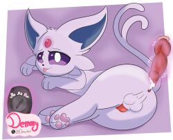 animal_genitalia animal_penis anthro anus ass balls bodily_fluids canine_genitalia canine_penis cum cum_in_ass cum_inside cum_string demmy dildo eeveelution espeon feral fur gaping gaping_anus generation_2_pokemon genital_fluids genitals half-erect hi_res knot levitating_object levitation looking_at_viewer looking_back lying magic male mammal nintendo on_side pawpads penis pokemon pokemon_(species) purple_body purple_fur purple_sclera rear_view sex_toy simple_background solo tail tongue tongue_out vibrator