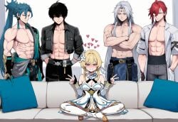1girl4boys 1girls 4boys abs ai_assisted arms_behind_back black_hair blue_hair brown_eyes calcharo_(wuthering_waves) couch couch_sitting crossed_arms double_v gang_bang gangbang gangrape genshin_impact group heart heart hearts_around_head imminent_rape jiyan_(wuthering_waves) lumine_(genshin_impact) male_rover_(wuthering_waves) meme meme_reference moments_before_disaster mortefi_(wuthering_waves) muscular muscular_male piper_perri_surrounded red_hair rover_(wuthering_waves) sitting topless topless_male truck-kun_art truck_kun white_hair wuthering_waves yellow_eyes