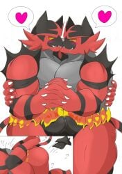 after_transformation anthro anthro_on_anthro barazoku bedroom_eyes blush bodily_fluids bulge bulge_frottage claws clothing colored duo french_kissing generation_7_pokemon genital_fluids hand_holding heart_symbol hi_res ichigatsu_5 incineroar kissing male male/male narrowed_eyes nintendo pokemon pokemon_(species) precum precum_through_clothing saliva seductive sex speech_bubble wet wet_clothing