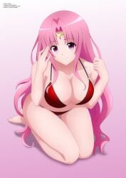 1girls alien alien_girl alien_humanoid big_breasts bikini circlet collarbone female female_only kneeling large_breasts long_hair looking_at_viewer mature_female milf navel nipple_bulge pink_background pink_hair red_bikini royalty sephie_michaela_deviluke smile smiling thighs to_love-ru to_love-ru_darkness very_long_hair