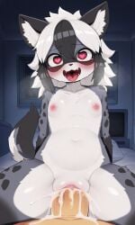1girls anthro anthro_female anthro_only anthro_solo artist_request black_hair cub eyebrows eyebrows_visible_through_hair female female_cub female_only flat_chest fur furry furry_female furry_only grey_fur hyena_ears hyena_girl hyena_tail red_eyes small_breasts solo solo_anthro solo_female spots tagme tagme_(artist) tongue tongue_out white_fur white_hair young young_anthro young_female