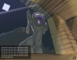 against_glass big_ass big_breasts big_nipples black_body enderman enderwoman exposed_breasts female female_only glass glowing_eyes glowing_pussy jarnqk minecraft moon night open_mouth purple_eyes purple_nipples purple_pussy rule_63 solo_female taller_female text window