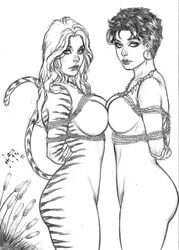 2019 2girls arms_behind_back avengers black_and_white black_hair bondage bone_necklace bound breasts cat_ears cat_tail catgirl crossover dated dc dc_comics earrings ed_benes_studio female female_only femsub greer_nelson human justice_league mari_jiwe_mccabe marvel marvel_comics monochrome multiple_girls multiple_subs nude rope rope_bondage signature sketch straight_hair superheroine tigra vixen vixen_(dc)